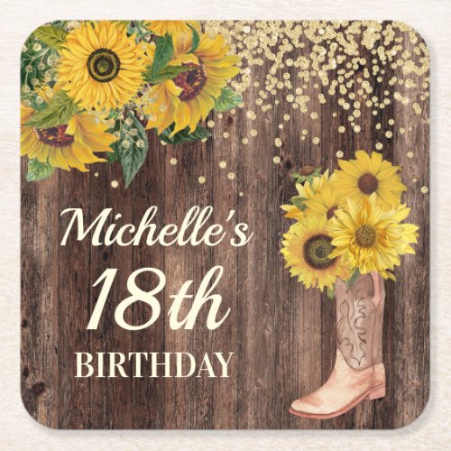 Rustic Wood Sunflowers Cowboy Boots 18th Birthday Square Paper Coaster