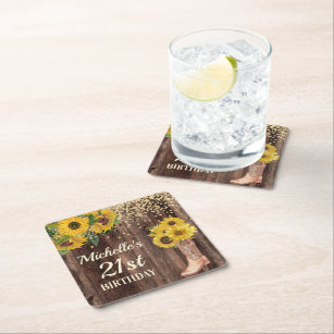 Rustic Wood Sunflowers Cowboy Boots 21st Birthday Square Paper Coaster