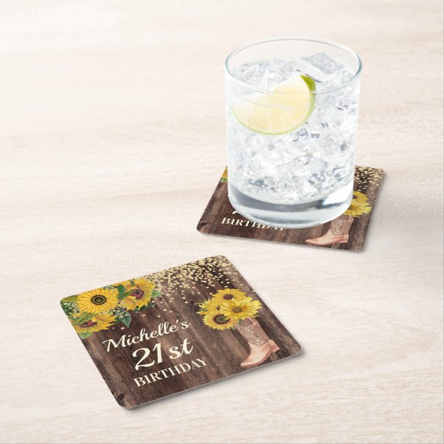 Rustic Wood Sunflowers Cowboy Boots 21st Birthday Square Paper Coaster (Insitu)