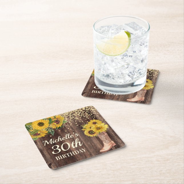 Rustic Wood Sunflowers Cowboy Boots 30th Birthday Square Paper Coaster (Insitu)