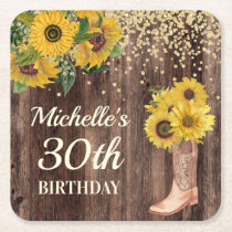 Rustic Wood Sunflowers Cowboy Boots 30th Birthday Square Paper Coaster