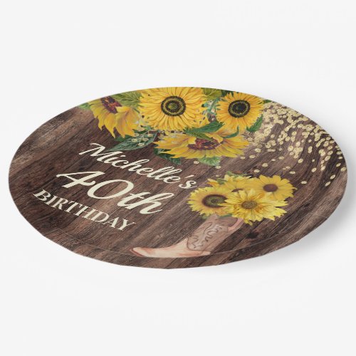 Rustic Wood Sunflowers Cowboy Boots 40th Birthday Paper Plates
