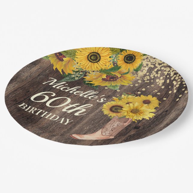 Rustic Wood Sunflowers Cowboy Boots 60th Birthday Paper Plates (Angled)