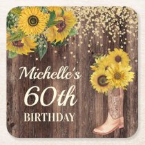 Rustic Wood Sunflowers Cowboy Boots 60th Birthday Square Paper Coaster