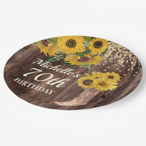 Rustic Wood Sunflowers Cowboy Boots 70th Birthday Paper Plates