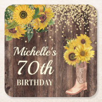 Rustic Wood Sunflowers Cowboy Boots 70th Birthday Square Paper Coaster