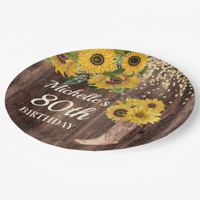 Rustic Wood Sunflowers Cowboy Boots 80th Birthday Paper Plates (Angled)