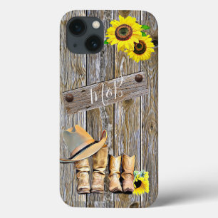 Rustic Wood Sunflowers, Cowboy Boots and Hats iPhone 13 Case
