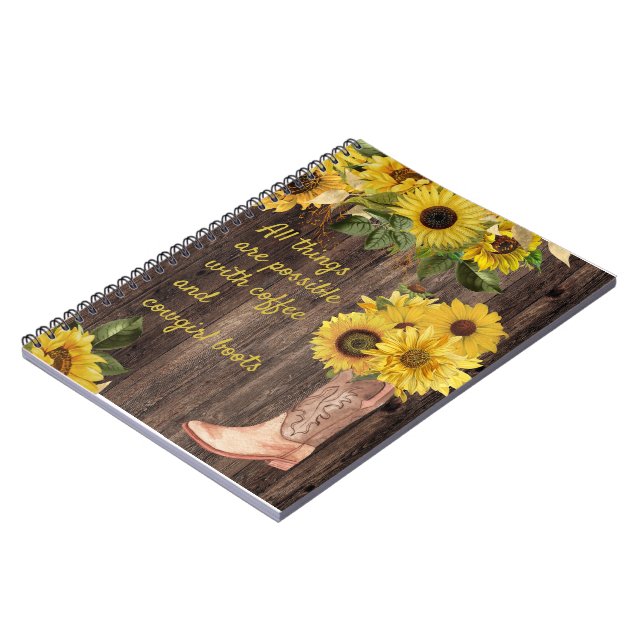 Rustic Wood Sunflowers Cowgirl Boots Coffee Notebook (Left Side)