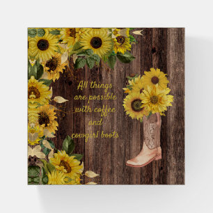 Rustic Wood Sunflowers Cowgirl Boots Coffee Paperweight
