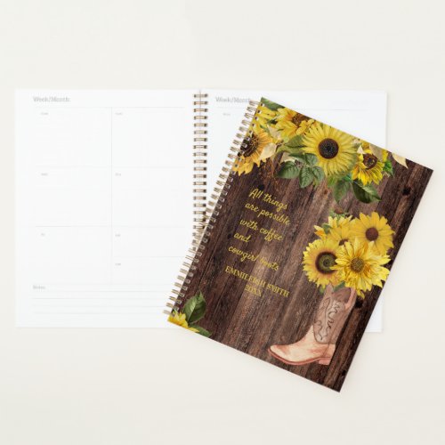 Rustic Wood Sunflowers Cowgirl Boots Coffee Planner