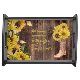 Rustic Wood Sunflowers Cowgirl Boots Coffee Serving Tray