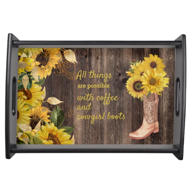 Rustic Wood Sunflowers Cowgirl Boots Coffee Serving Tray (Front)