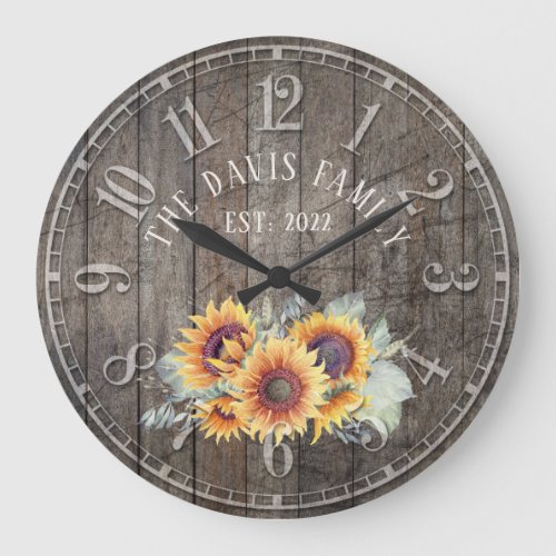 Rustic Wood Sunflowers Custom Family Name Clock