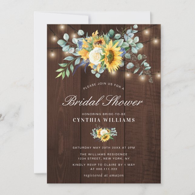 rustic wood sunflowers eucalyptus bridal shower invitation (Front)