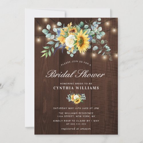 rustic wood sunflowers eucalyptus bridal shower invitation