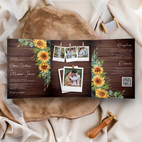 Rustic Wood Sunflowers Eucalyptus QR Code Wedding Tri_Fold Invitation