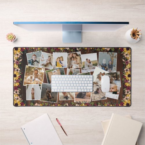 Rustic Wood Sunflowers Family 18 Photo Collage Desk Mat