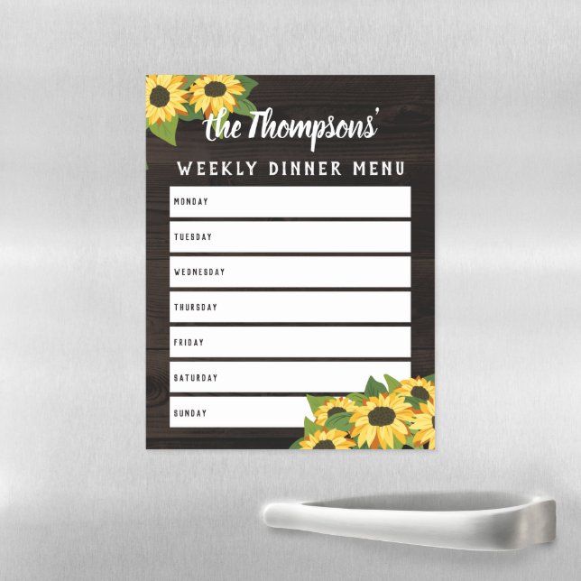 Rustic Wood & Sunflowers Family Dinner Menu Magnetic Dry Erase Sheet (In Situ)