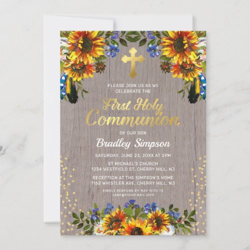 Rustic Wood Sunflowers First Holy Communion Invitation