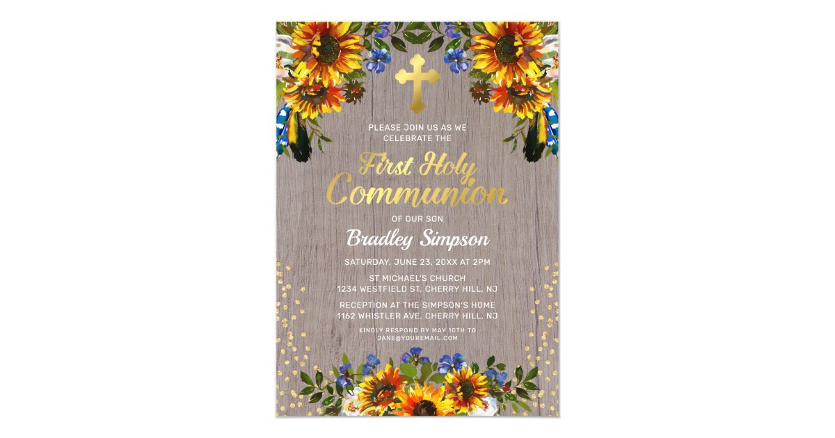 Rustic Wood Sunflowers First Holy Communion Invitation Zazzle Com
