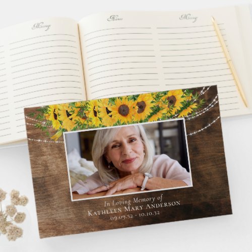 Rustic Wood Sunflowers Funeral Guest Book