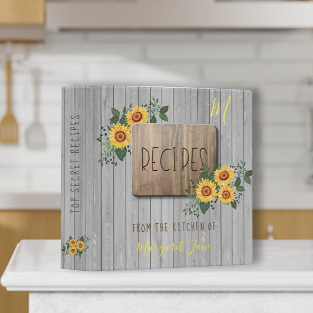 Rustic Wood Sunflowers | Grandma monogram cookbook 3 Ring Binder (Creator Uploaded)