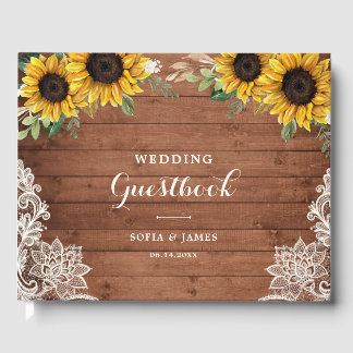 Rustic Wood Sunflowers Greenery Lace Wedding Guest Book