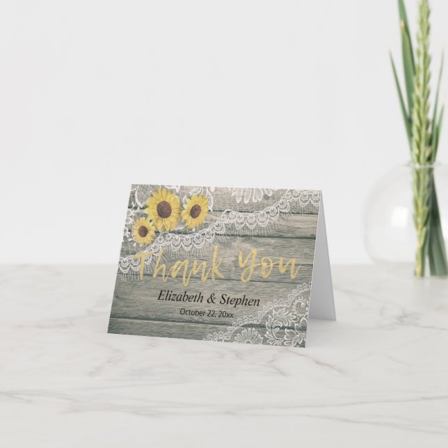 Rustic Wood Sunflowers Lace Barn Wedding Thank You Card (Front)