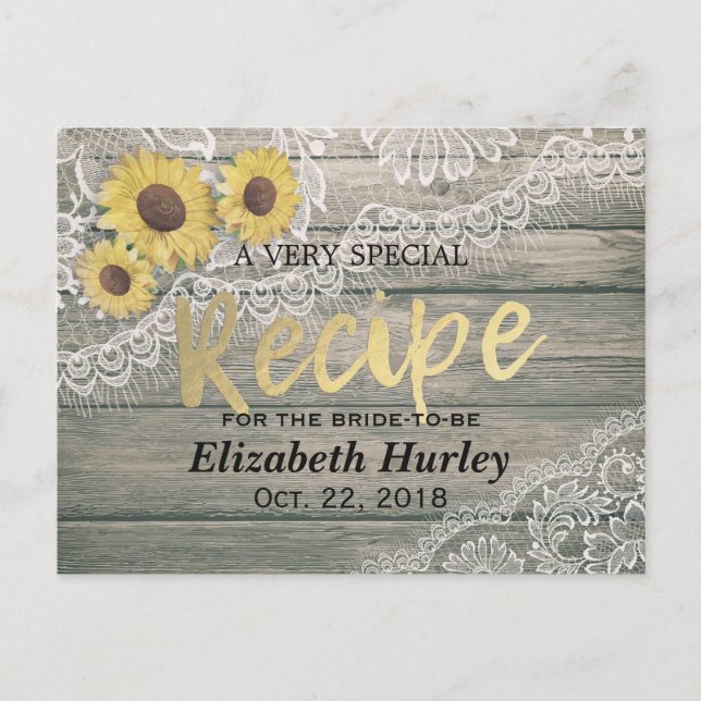 Rustic Wood Sunflowers Lace Bridal Shower Recipe Invitation Postcard (Front)