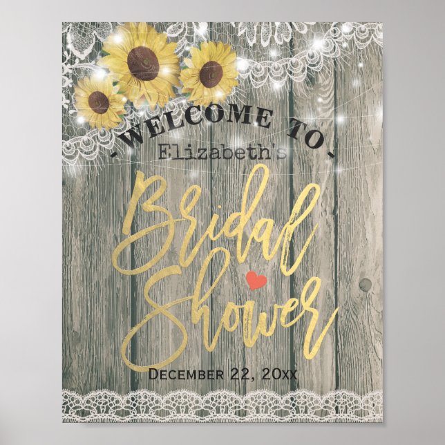 Rustic Wood Sunflowers Lace Bridal Shower Welcome Poster (Front)