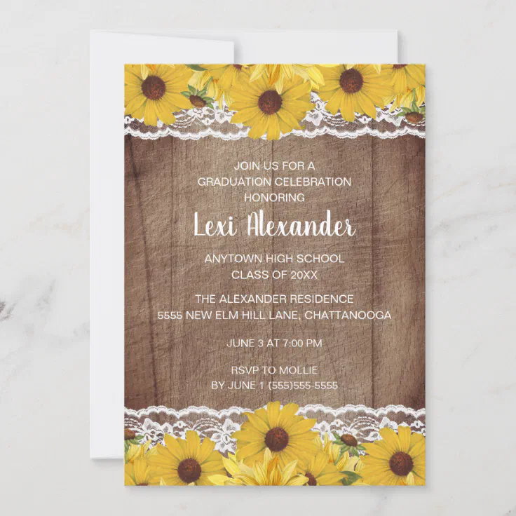 Rustic Wood Sunflowers Lace Graduation Party Invitation | Zazzle