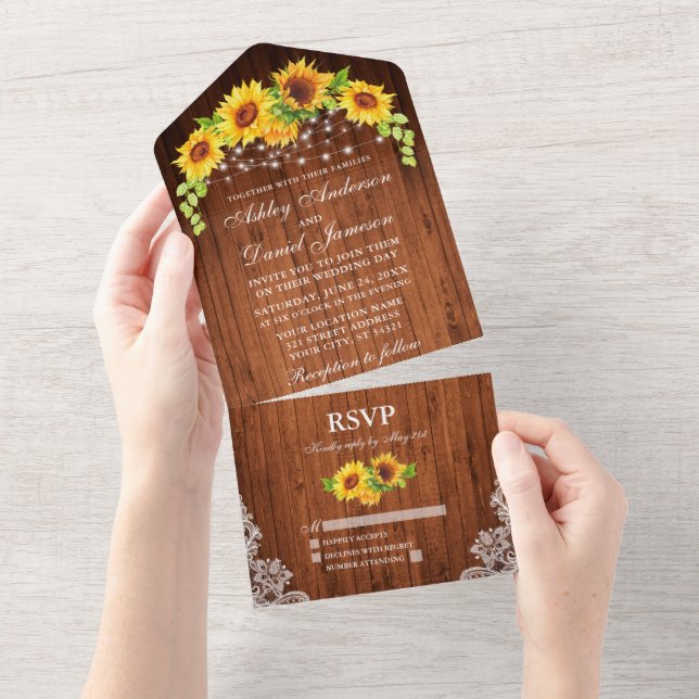 Rustic Wood Sunflowers Lace Lights Wedding All In One Invitation (Tearaway)