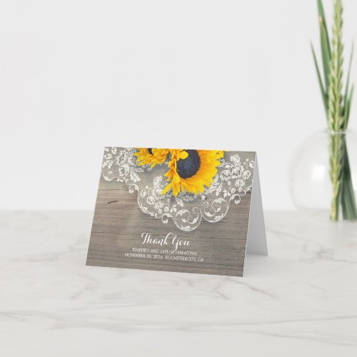 Rustic Wood Sunflowers Lace Wedding Thank You