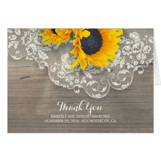 Rustic Wood Sunflowers Lace Wedding Thank You Card
