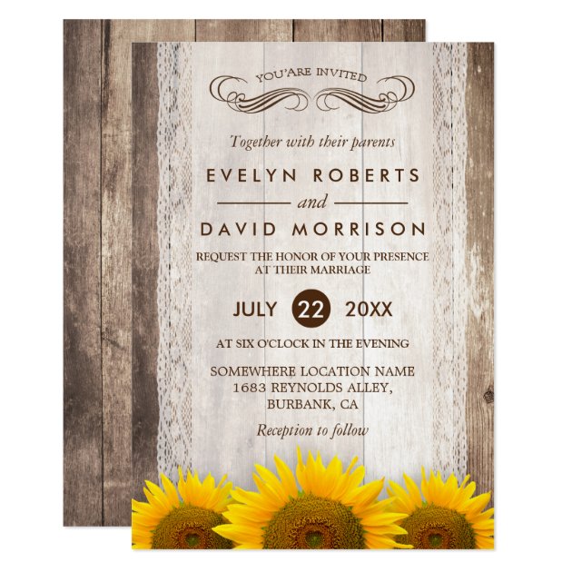 Rustic Wood Sunflowers Lace Western Barn Wedding Invitation