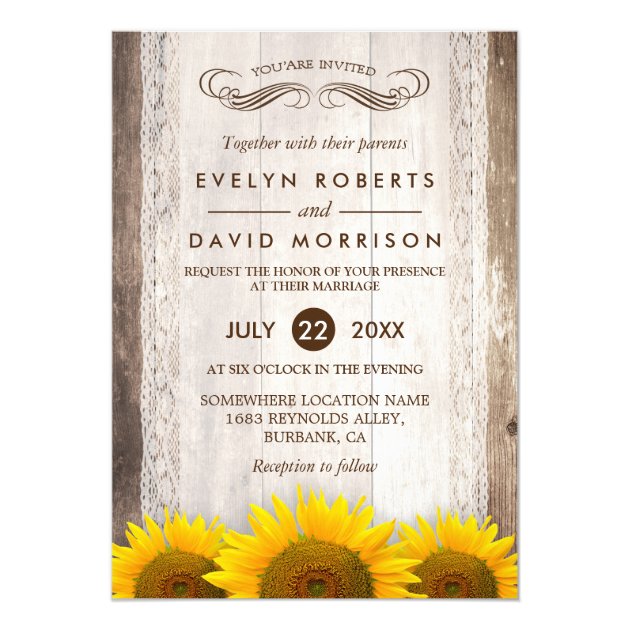 Rustic Wood Sunflowers Lace Western Barn Wedding Invitation