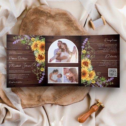 Rustic Wood Sunflowers Lavender QR Code Wedding Tri_Fold Invitation