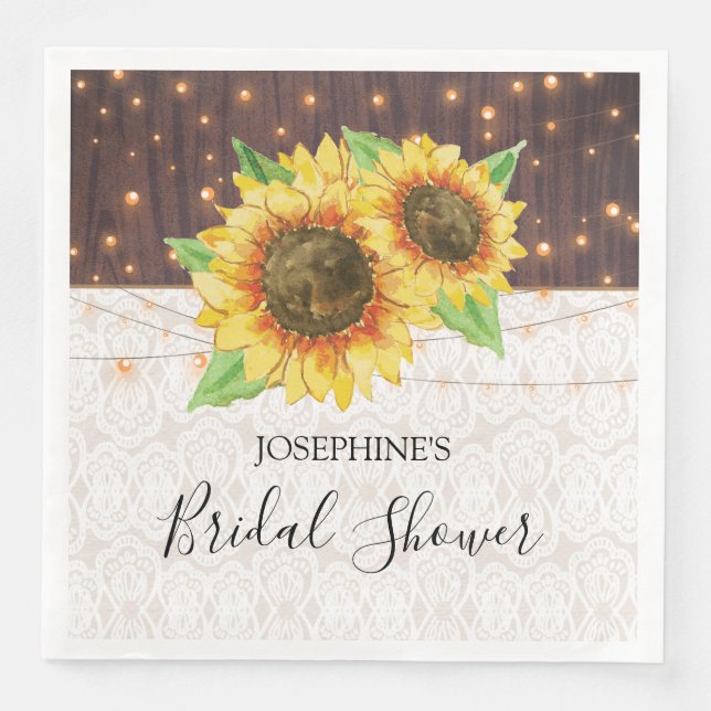 Rustic Wood Sunflowers Lights Lace Bridal Shower Paper Dinner Napkins (Front)