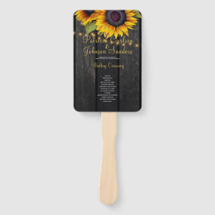 Rustic wood sunflowers lights wedding ceremony hand fan