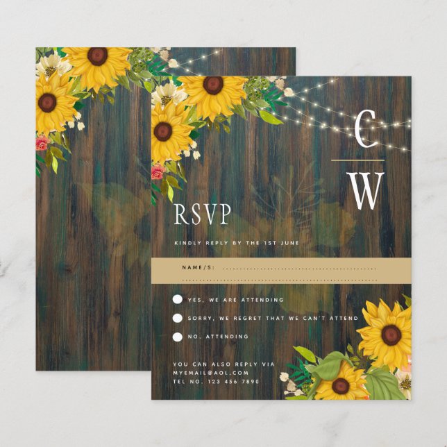 Rustic Wood Sunflowers Lights Wedding RSVP (Front/Back)