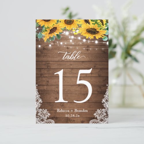 Rustic Wood Sunflowers Lights Wedding Table Number - Rustic Wood Sunflowers String Lights Lace Wedding Table Number Card. 
(1) Please customize this template one by one (e.g, from number 1 to xx) , and add each number card separately to your cart. 
(2) For further customization, please click the "customize further" link and use our design tool to modify this template. 
(3) If you need help or matching items, please contact me.