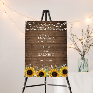 Rustic Wood Sunflowers Lights Wedding Welcome Foam Board