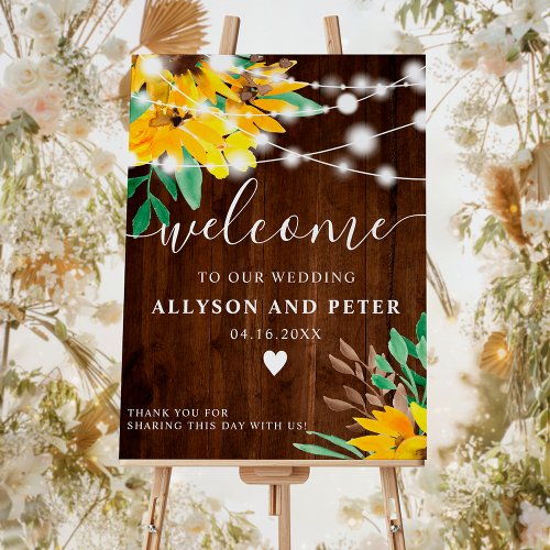 Rustic wood sunflowers lights wedding welcome foam board
