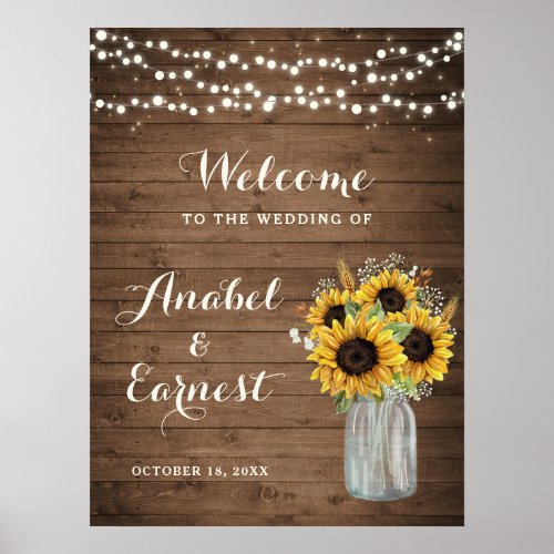 Rustic Wood Sunflowers Lights Wedding Welcome Sign