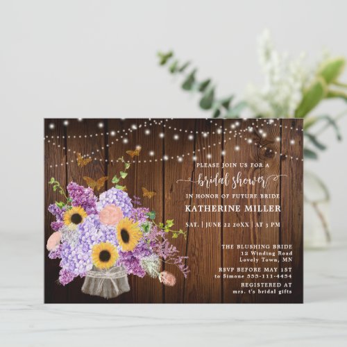 Rustic Wood Sunflowers Lilac Bouquet Bridal Shower Invitation