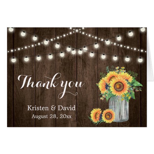 Rustic Wood Sunflowers Mason Jar Lights Thank You Card