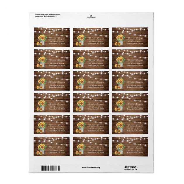 Rustic Wood Sunflowers Mason Jar Lights Wedding Label