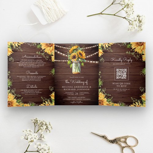Rustic Wood Sunflowers Mason Jar QR Code Wedding Tri_Fold Invitation