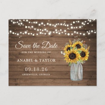 Rustic Wood Sunflowers Mason Jar Save The Date Announcement Postcard by CheriDesigns at Zazzle